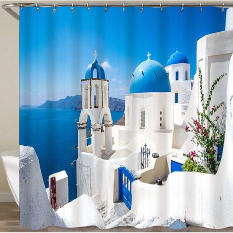 Rideau de Douche,Coucher de Soleil Bleu Grèce Vue panoramique des Maisons Blanches des Cyclades Santorin Parcs Oia Méditerranée Grecque,Large Choix de Beaux Rideaux de Douche 180 180 cm (1/5)
