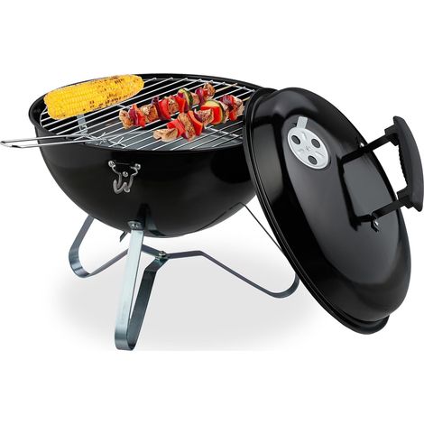 Barbecue Portable, Grill Rond, Ø 37 cm, pour Table, Jardin, Balcon, avec Couvercle, bac à Charbon, Noir