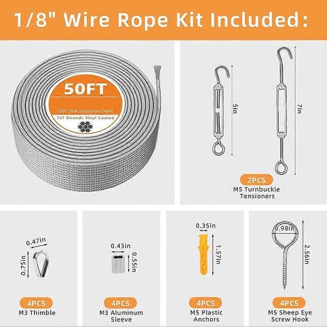 Kit de câble en acier de 1/8 pouce - Câble en acier avec boucle réglable, adapté à une utilisation extérieure (tentes, clôtures, auvents) - résistant aux intempéries et facile à installer. (1/4)