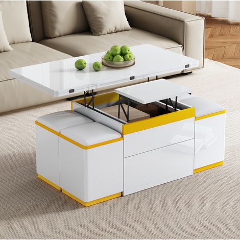 Table basse relevable et pliante 100x50x43 cm avec 4 tabourets de rangement, blanc et jaune (1/5)