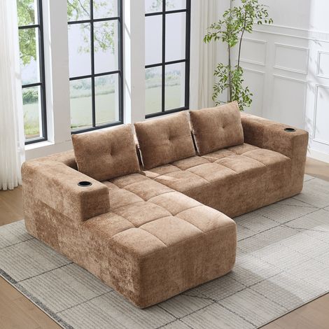 Canapé d'angle L 258 cm, Canapé de compression sans cadre, 3 coussins, tissu chenille, design minimaliste, Brun clair