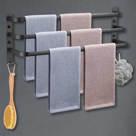 1 - Porte-Serviettes Mural - Étagère Serviette - Aluminium Noir Mat - 3 Niveaux Avec Crochets Pour Salle De Bain Cuisine Hôtel 60x22cm (1/5)