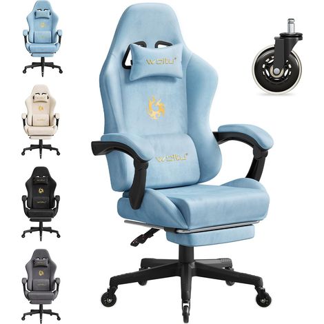 WOLTU Silla gaming - Silla gaming - Silla ergonómica de oficina - Altura regulable - Soporte lumbar y reposapiés - Azul