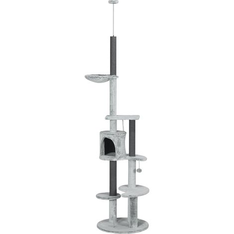 Deckenhoher Kratzbaum, höhenverstellbar, 2,25-2,55H m, mit Kippschutz, Katzenkratzbaum mit Katzenhöhle, Kratzstämmen, Spielball, Grau