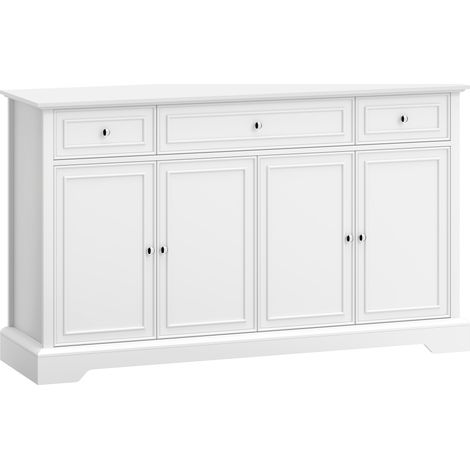 Buffet de salon blanc, meuble de rangement avec 3 tiroirs, 4 portes à fermeture amortie et étagères ajustables. (1/5)