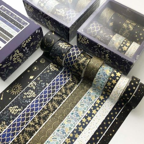 Lot de 10 rouleaux de ruban adhésif décoratif Washi de 3 tailles différentes, à motifs géométriques et à feuille d'or. (1/5)