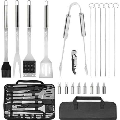 20 Stücke BBQ Grillbesteck Set aus Premium Edelstahl  Grillzubehör mit Grillzange, Wender, Bürste & Spießen  Grillset mit Grillkoffer und Korkenzieher für Männer, Garten Camping & Grillpartys
