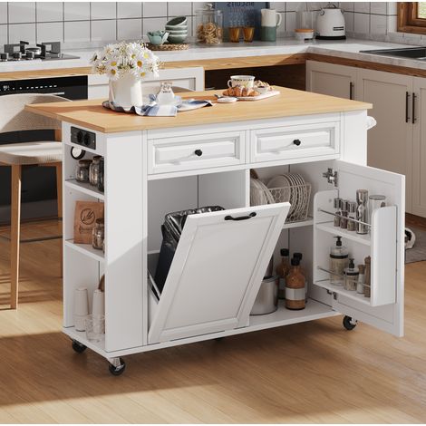 MODFU – Isla de cocina móvil 120x40-70x92 cm de MDF con mesa extensible, enchufes USB, compartimentos y carga 60 kg – Blanco/natural (1/5)