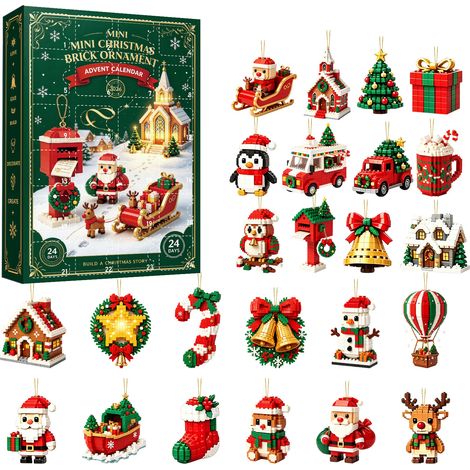 Mini-Weihnachtsbaum-Adventskalender 2026 – 24 flache 2D-Acryl-Hängeornamente – Weihnachtskalender mit Kirche, Briefkasten und Rentier (1/5)