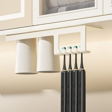 Etagère Porte-brosse à dents électrique Porte-gobelet magnétique pour bain de bouche Support mural 2 gobelets pour brosse à dents ,blanc crème 2675 (1/5)