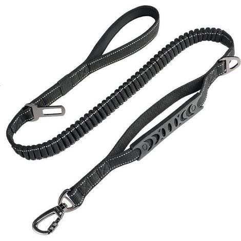 Laisse pour grand chien avec système anti-traction, 1,65 mètre, absorbant les chocs, coutures réfléchissantes, double poignée, noire.