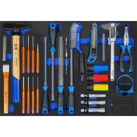 SW-Stahl Z3011-9 Werkstattwagensortiment, allgemeine Handwerkzeuge, 28-teilig I Werkzeugwagen Einlagen I Profi Werkstatteinrichtung I Werkzeugeinlage bestückt Kfz