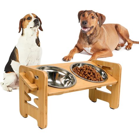 Gamelle Chien de 6 Hauteurs Ajustables, Support Gamelle Chien Surelevee, Station d'alimentation en Bambou avec 2 Bols en Acier Inoxydable