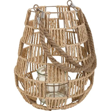 Farol portavelas de metal y cuerda de papel marrón d25x30 (1/5)