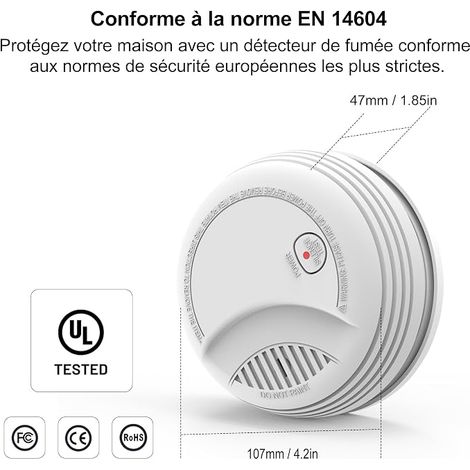 Detecteur de Fumée – Alarme Incendie 85 DB, Pile 9V Remplaçable Incluse, Avertissement Batterie Faible, Fonction Test et Silence (1/4)