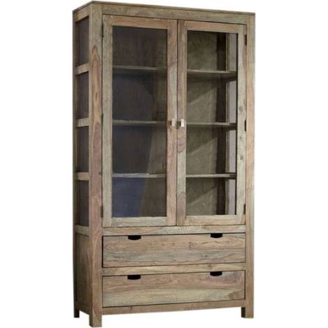 vetrina in legno di Sheesham / palissandro 110x45x200 grigio scuro oliato NATURE GREY 65