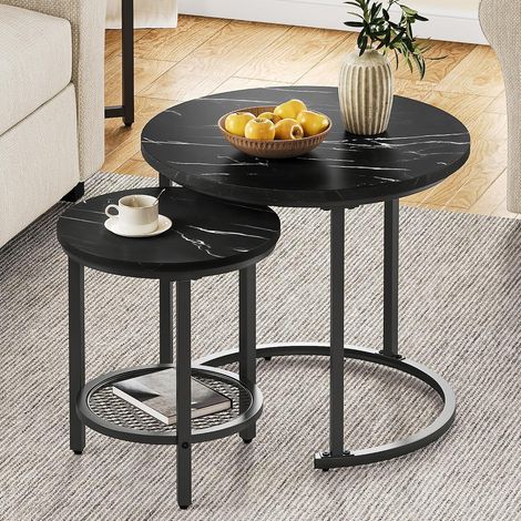 Ensemble de 2 tables basses rondes gigognes – Plateaux en bois, structures métalliques et espaces de rangement, meuble d’appoint pour salon (1/5)