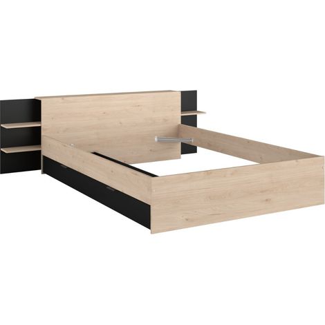 Lit 140x190/200 aspect bois et noir tête de lit tablettes - NORTH (1/5)