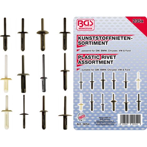 Assortiment de rivets plastiques pour GM, BMW, Chrysler, VW, Ford 235 pièces (1/4)
