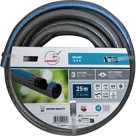 Tuyau D'arrosage 3 Couches Jardibric ø15mm 25m Guipé Tricoté SMART Résistant jusqu'à 20 bar, de 10°C à 50°C AntiUV, AntiAlgues, Flexible, Adapté à Toutes les Saisons (1/3)