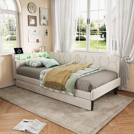Letto singolo 90x200 cm - Divano letto con 2 modalità di montaggio - LED, USB e Type-C - Letto con cassetti e contenitore - Velluto - Beige (1/5)