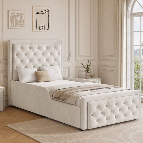 Letto per bambini 90 x 200 cm con contenitore idraulico, rete, testiera trapuntata, velluto beige (1/5)