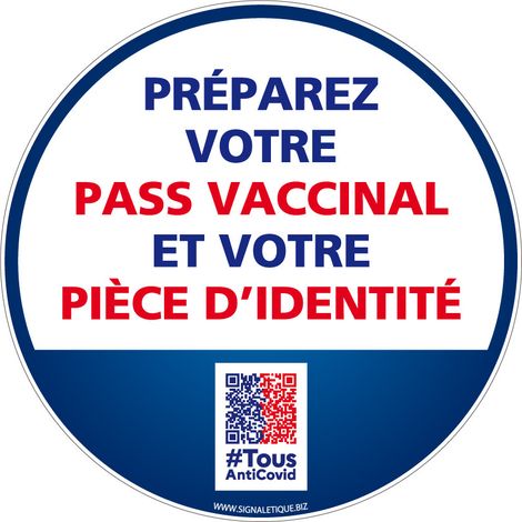 Panneau Pass Vaccinal Obligatoire + Pièce d'Identité. Signalisation Pass Vaccinal. Autocollant Pass Vaccinal, panneau PVC, Aluminium - Adhésif - Diamètre 125 mm (1/5)