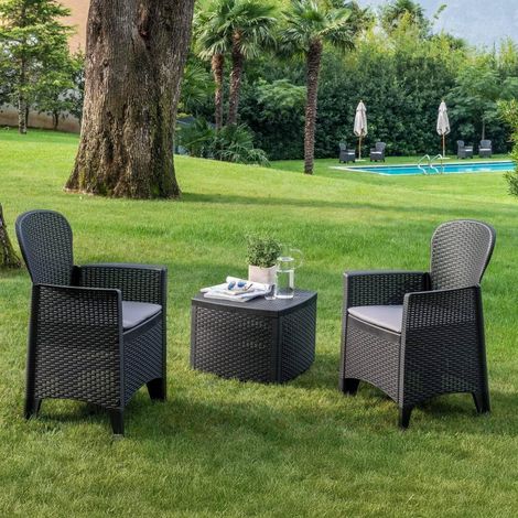 Ensemble de salon d'extérieur, Composition de jardin avec 2 fauteuils et 1 table de rangement, Salon effet rotin, Anthracite (1/5)