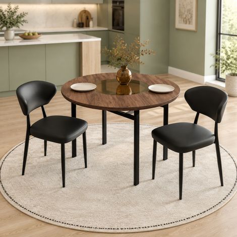 Conjunto de comedor DESVIAE mesa redonda 100 cm con 2 sillas PU negro efecto madera (1/5)