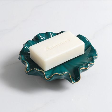 Portasapone in ceramica, portasapone con scarico, portasapone a forma di foglia di loto per il bagno (verde)