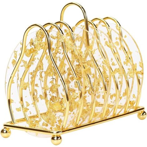 6er Set Luxuriöse Acryl Untersetzer Transparent mit Goldfolie Inklusive goldener Metallhalterung Hitzebeständig & Stilvoll Schützt Tisch & Einric (1/5)