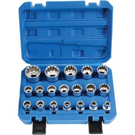 Juego 19 vasos uso universal hexagonal,12 caras,torx hembra,metricas y pulgadas