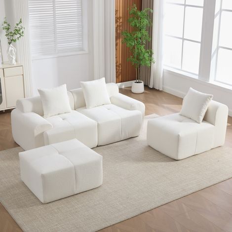 Sofá esquinero modular 268x174x81 cm beige con puf, tela y espuma viscoelástica, MEUBLIV (1/5)