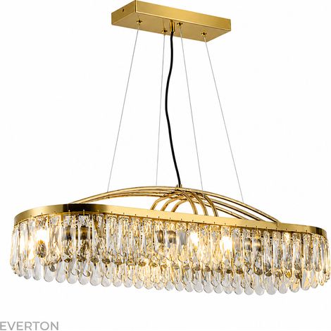 Lustre Linéaire en Cristal 90 cm, Suspension Dorée de Luxe avec Pampilles en Cristal, Luminaire Rectangulaire à Hauteur Réglable, Métal & Cristal, 8 Douilles E14 pour Salle à Manger, Salon et Îlot de 