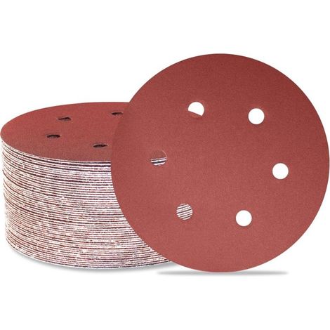 Lot de 50 disques de ponçage 150 mm 6 trous Grain 180 Papier abrasif Orbital aléatoire pour travail du bois, automobile, métal (1/5)