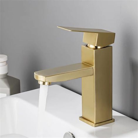 Rubinetto per lavabo da bagno in acciaio inossidabile, base quadrata in ceramica, foro singolo, rubinetto per acqua calda e fredda spazzolato (1/4)