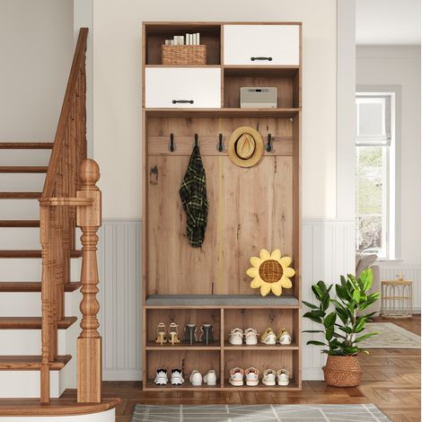 MEUBLIV Garderobenmöbel 80x185x35 cm Natur/Weiß – Bank, Haken und Stauraum (1/5)