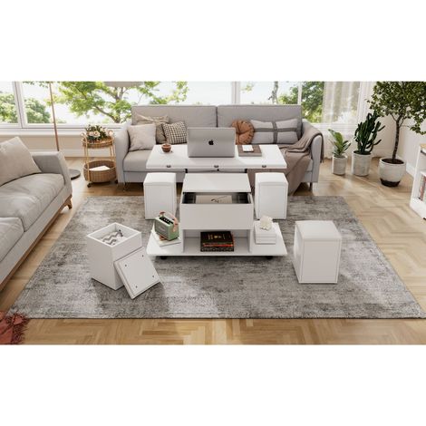 Table basse multifonction relevable, plateau transformable en 2 tables, blanc, grande capacité, salon moderne (1/5)