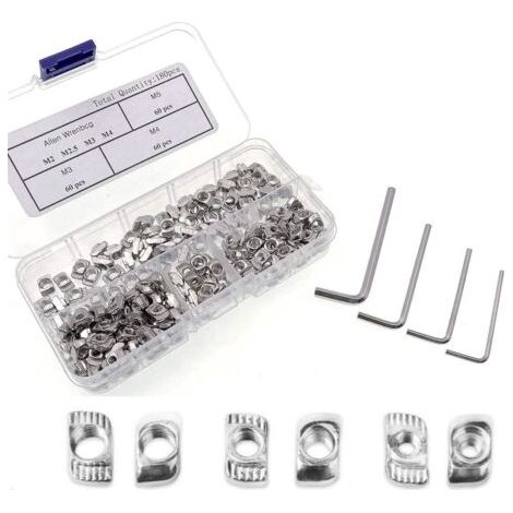 180 PCS Écrous T-Slot M3 M4 M5 en Acier au Carbone Écrous de Fente de T avec 4 Clés Allen, Tête de Marteau d'extrusion 2020 Kit écrou de Fixation pour Imprimante 3D (1/5)