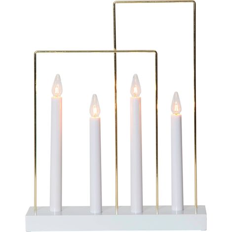 Chandelier Star Trading Glossy de Star Trading, bougeoir avec 4 ampoules E10 blanc chaud, décoration de Noël en bois, plastique et métal blanc et or, interrupteur à câble, hauteur : 36 cm