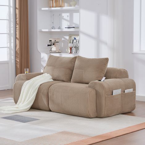Divano angolare componibile in velluto a coste, con portabicchieri e tasca laterale - 2 posti, 200×99×80 cm, kaki