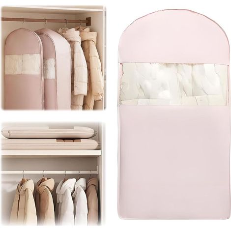 1 housse à vêtements suspendue peu encombrante avec fermeture éclair auto-compressante, sac de rangement ultra-compact et compact, housse anti-poussière pour doudoune et garde-robe (rose, taille M)