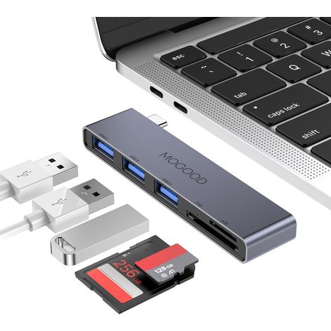 Hub USB-C 5-en-1, 5Gbps, OTG, Alu, SD/TF, Ultra-Fin, PC/Mac, Compact (1/5)