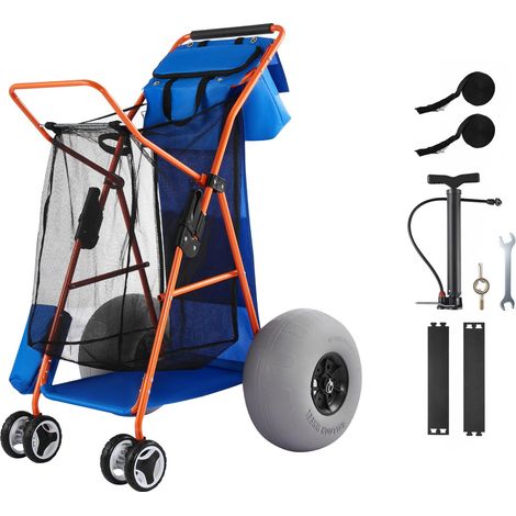Chariot de plage pliable renforcé, roues ballon 320 mm pour sable, charge 75 kg, glacière isotherme, porte-parasol, transporte 4 chaises, camping et pêche (1/5)