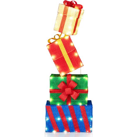 Lot de 4 boîtes cadeaux de Noël multicolores avec 52 LED blanc chaud et n uds, empilables pour jardin et terrasse