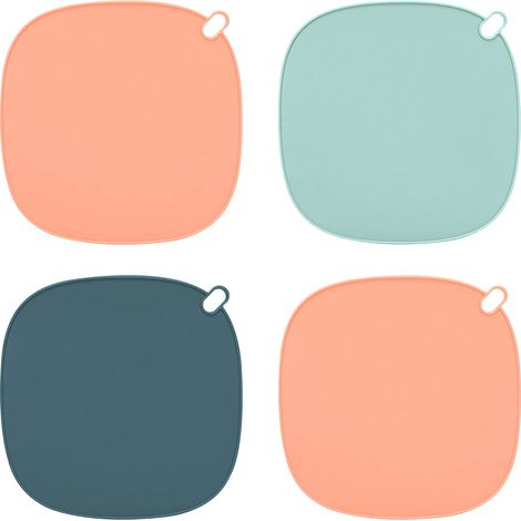 Lot de 4 Dessous de La Résistance à la Chaleur en Silicone, Antidérapant Stretch Dessous de Plats Kitchen Pot Coaster Tapis de Protection pour Casserole Set Poles, Théière et Vase, Bleu, Rose (1/5)