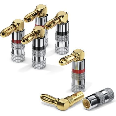Lot de 4 Fiches Bananes Coudées 90°, Plaqué Or 24 Carats, Pour Câbles 6 mm², Anneaux Colorés Rouge Noir (1/5)