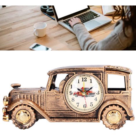 Réveil rétro en forme de voiture classique pour enfants et étudiants, porte-stylo multifonctionnel (logo de voiture aléatoire, grande taille, bronze antique) (1/5)