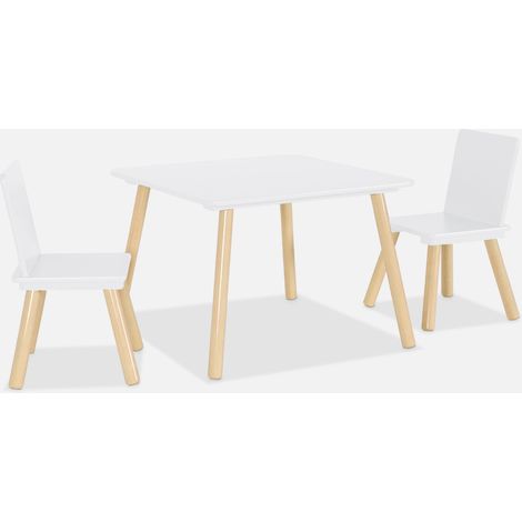Mesa cuadrada infantil de madera de pino con 2 sillas