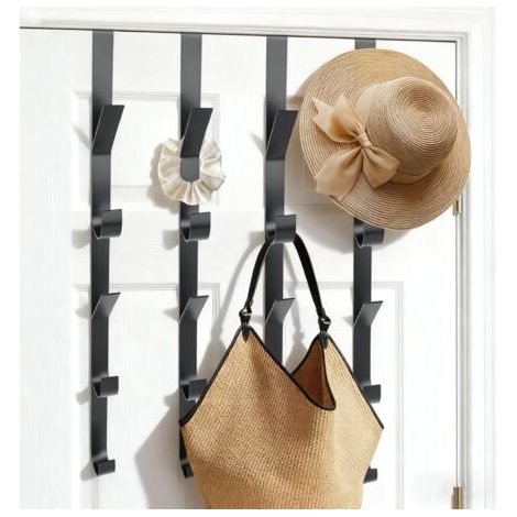 Lot de 4 patères de porte en acier inoxydable à suspendre - Crochet de porte vertical universel pour vêtements, serviettes, peignoirs, 5 crochets, noir (1/5)